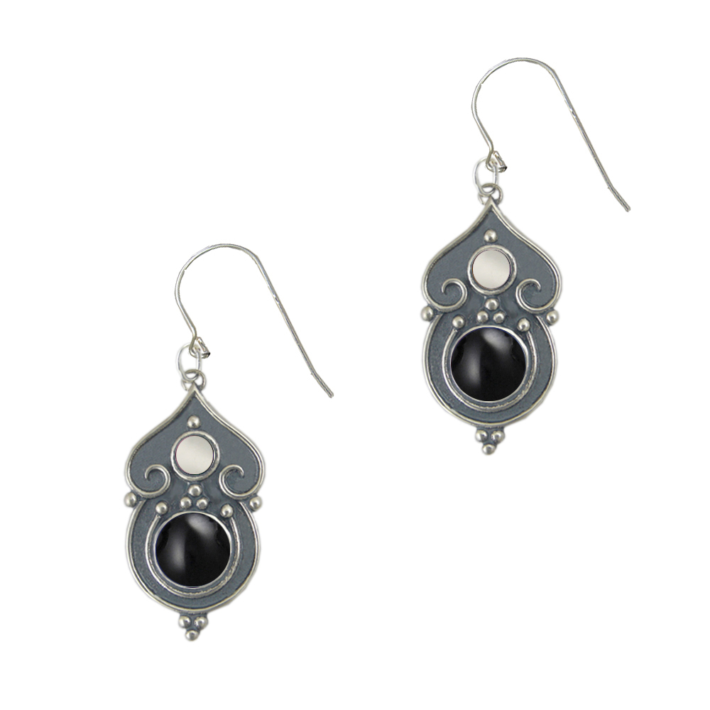 Sterling Silver Gothic Inspired Drop Dangle Earrings With Black Onyx And White Moonstone